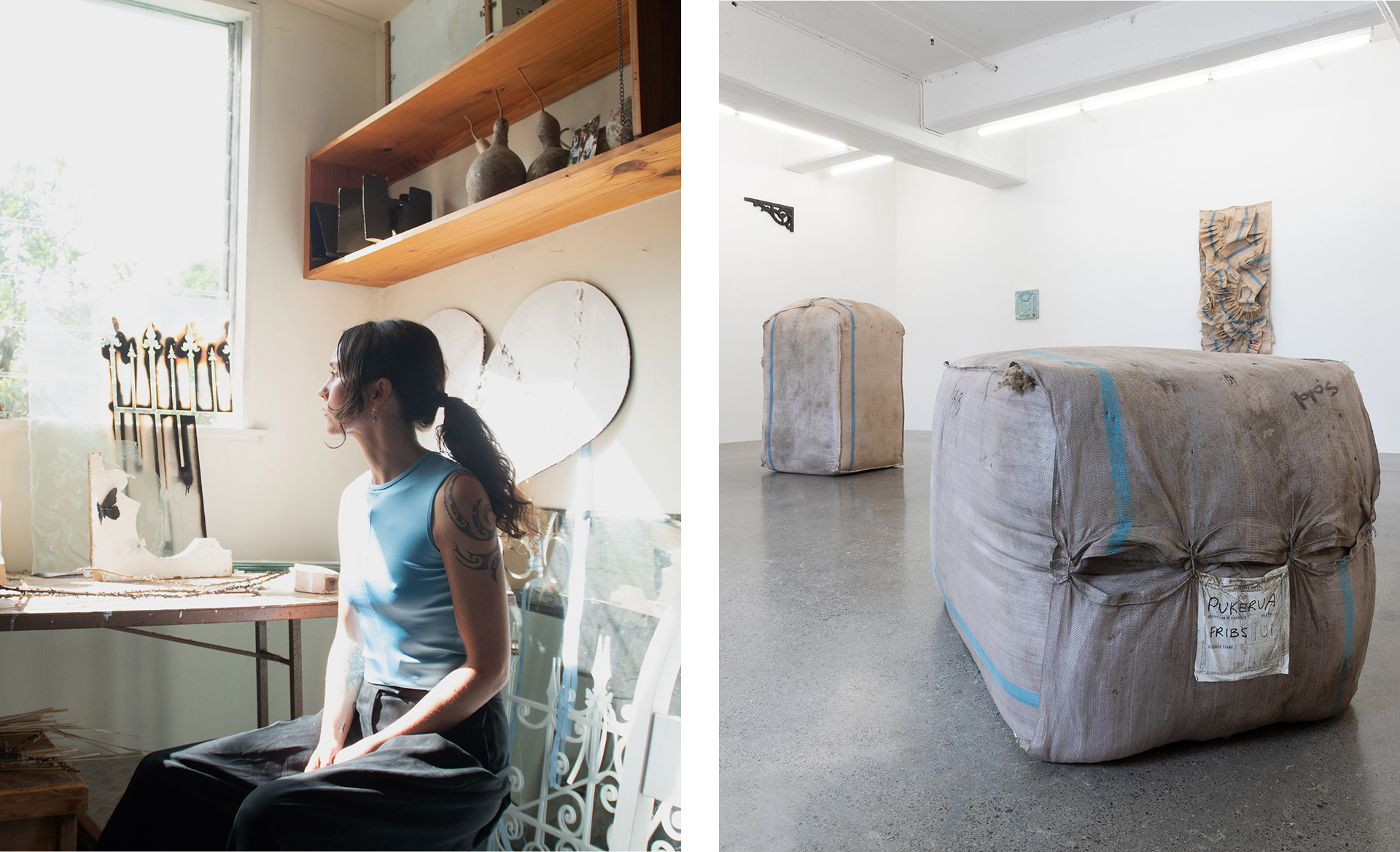 (1) George Watson, photography by Tink Lockett. (2) ????????????????????????????????, installation view, courtesy the artist and Robert Heald Gallery, Te Whanganui-a-Tara Wellington, photography by Russell Kleyn.